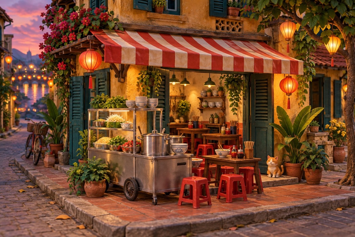Tiệm mì góc phố với mái hiên đỏ, xe mì và ánh đèn ấm